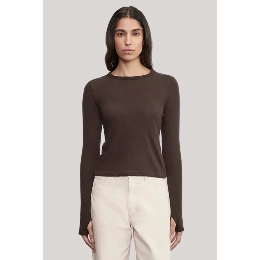 ENZA COSTA Cashmere Jersey New Classic Long Sleeve Top Medium Dark Brown Crew